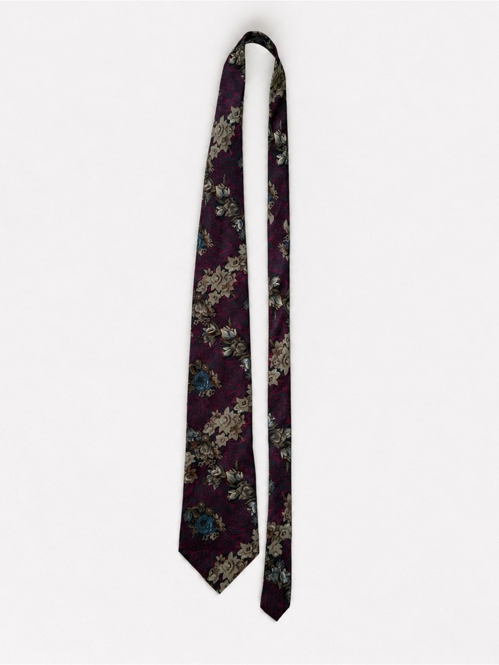 Vintage Christian Dior Monsieur Floral Silk Tie Italy Burgundy Blue Designer